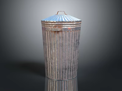 Vintage Galvanized Metal Trash Can With Corrugated Design And Lid 3d model
