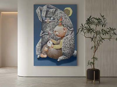 Abstract Painting Featuring Bear and Rabbit on Blue Background with Moon in Modern Interior 3d model