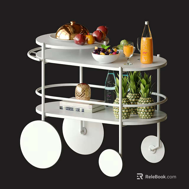 Stylish White Multi Tiered Trolley With Fresh Fruits Drinks Books And Decorative Items 3d model 