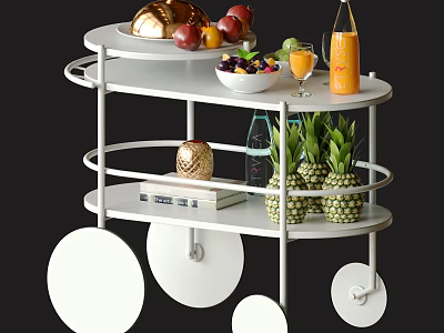 Stylish White Multi Tiered Trolley With Fresh Fruits Drinks Books And Decorative Items 3d model