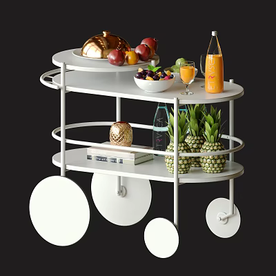 Stylish White Multi Tiered Trolley With Fresh Fruits Drinks Books And Decorative Items 3d model
