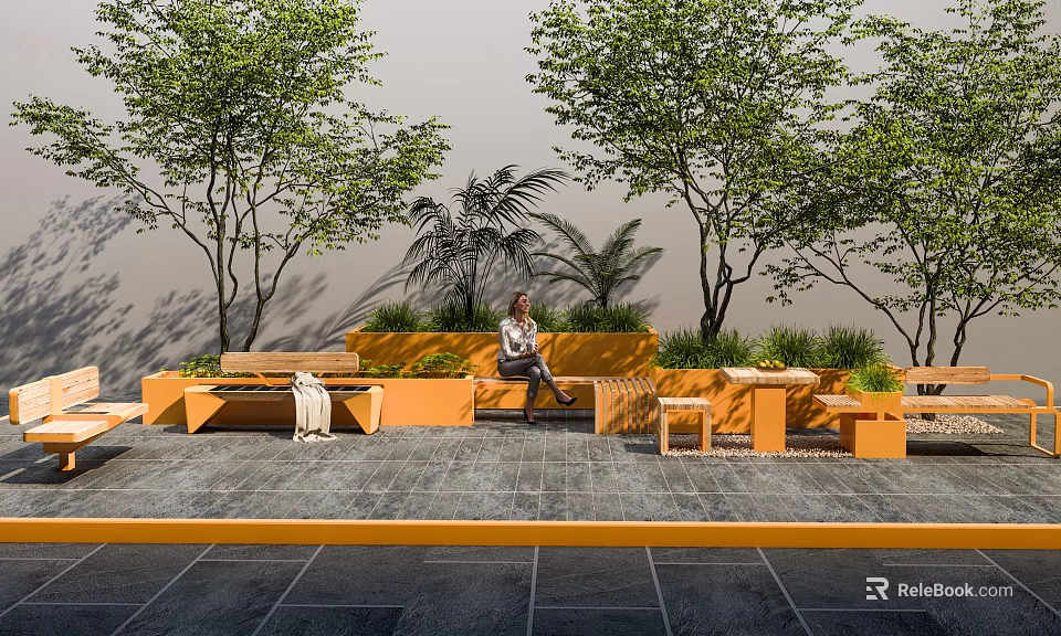 Charming Garden Features With Orange Benches Planters Trees Greenery And Stone Pavement 3d model 
