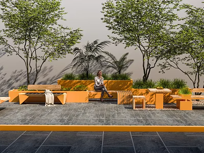 Charming Garden Features With Orange Benches Planters Trees Greenery And Stone Pavement 3d model