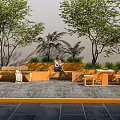 Charming Garden Features With Orange Benches Planters Trees Greenery And Stone Pavement
