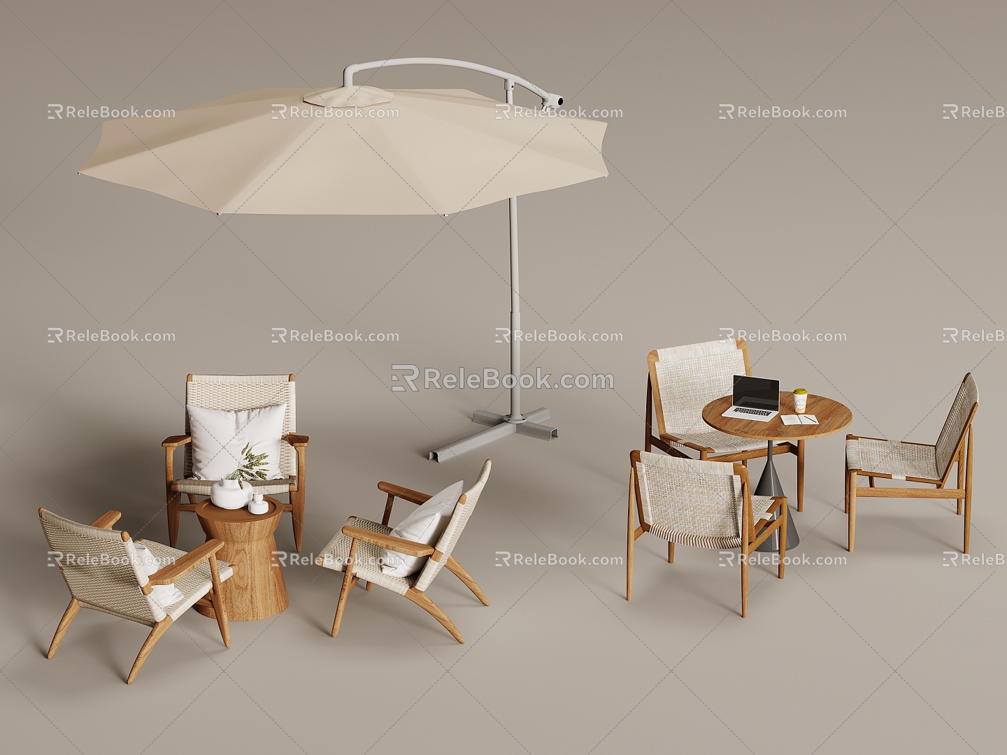 Log outdoor tables and chairs outdoor dining table umbrellas outdoor leisure tables and chairs 3d model