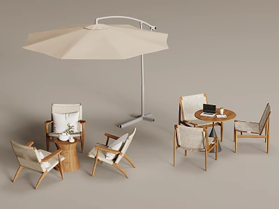 Outdoor Leisure Table And Chair Set With Beige Umbrella And Light Wooden Chairs 3d model