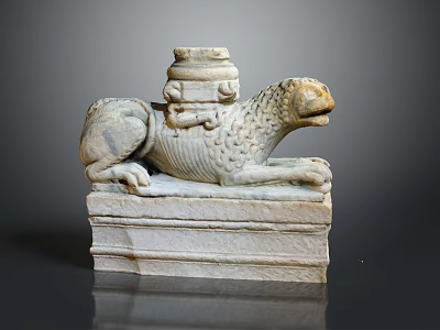Intricate Ancient Stone Lion Sculpture With Reclining Pose And Carved Pedestal 3d model