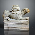 Intricate Ancient Stone Lion Sculpture With Reclining Pose And Carved Pedestal
