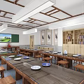 School Classroom Interior With Long Tables Wooden Stools Wooden Ceiling Hanging Lights And Bookshelves