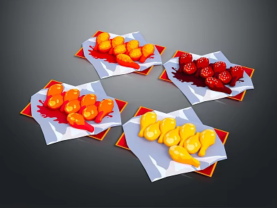 Colorful Animal Shaped Candies on White Plates with Red Decorative Edges and Dark Background 3d model