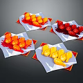 Colorful Animal Shaped Candies on White Plates with Red Decorative Edges and Dark Background