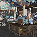 Traditional Fabric Store With Wooden Shelves Hanging Clothes And Stacked Blue White Patterned Fabrics