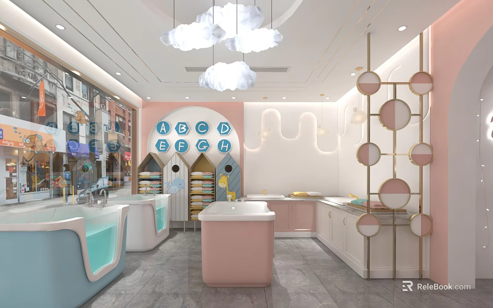 Colorful Modern Swimming Pool Interior With Cloud Lights And Decorative Tubs 3d model 