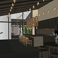 Elegant Restaurant Interior With Wooden Walls Three Hanging Pendant Lights Island Counter And Four Chairs