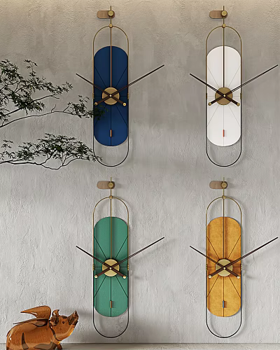 Modern Colorful Wall Clocks With Blue White Green Yellow Hues Hanging On Gray Wall 3d model