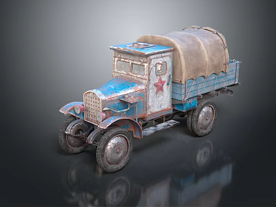 Vintage Blue White Truck Featuring Red Star Cab And Canvas Covered Cargo Bed 3d model