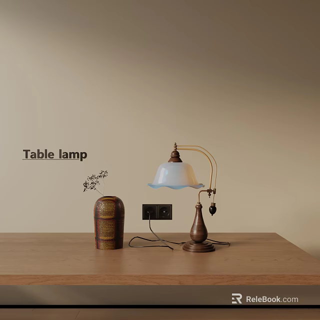 Elegant Decorative Ornament Set With Table Lamp And Vase On Wooden Table Light Wall Background 3d model 