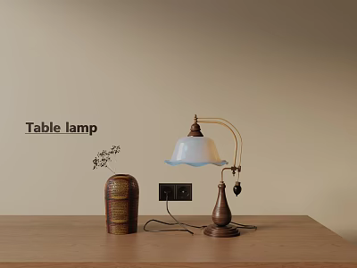 Elegant Decorative Ornament Set With Table Lamp And Vase On Wooden Table Light Wall Background 3d model