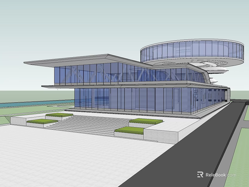 Modern Architectural Building With Glass Facade Curved Rectangular Design Front Plaza Green Space Road 3d model 