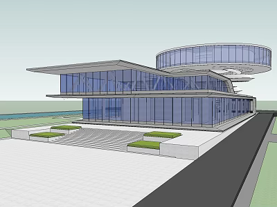 Modern Architectural Building With Glass Facade Curved Rectangular Design Front Plaza Green Space Road 3d model