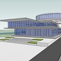 Modern Architectural Building With Glass Facade Curved Rectangular Design Front Plaza Green Space Road