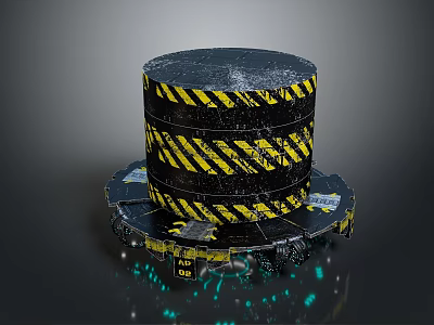 Black Cylindrical Commercial Equipment With Yellow Diagonal Stripes And Warning Signs On Circular Base 3d model