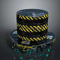 Black Cylindrical Commercial Equipment With Yellow Diagonal Stripes And Warning Signs On Circular Base