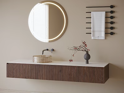 Bathroom Vanity Cabinet With Round LED Mirror Towel Rack And Countertop Decor 3d model