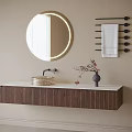 Bathroom Vanity Cabinet With Round LED Mirror Towel Rack And Countertop Decor