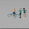 Three Cartoon Characters Including Blonde Female and Two Males with Blue Bicycle in Gray Background