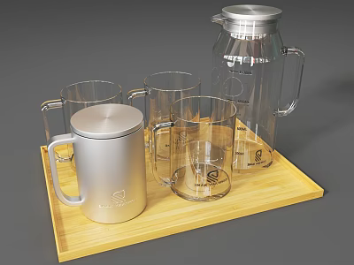 Bamboo Tray With Silver Container Transparent Glass Cups And Water Jug Tea Set 3d model
