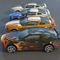 Row of Custom Modified Sports Cars With Various Colors And Flame Designs