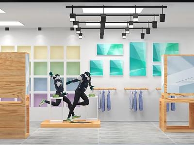 Modern Clothing Store Interior With Mannequins Displaying Blue Clothes Geometric Paintings And Wooden Racks 3d model