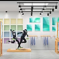 Modern Clothing Store Interior With Mannequins Displaying Blue Clothes Geometric Paintings And Wooden Racks