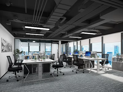Modern Public Office Space With Office Desks Chairs Large Windows Ceiling Lights Natural Light 3d model
