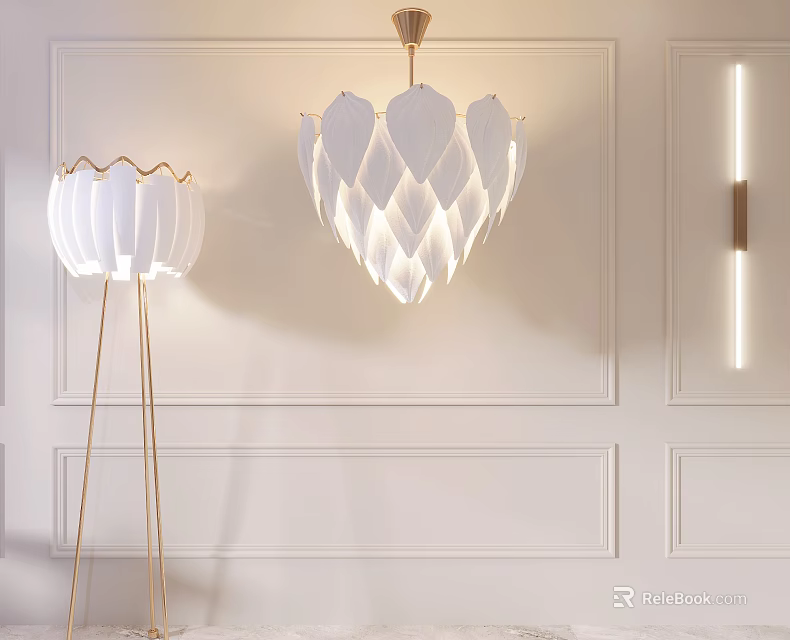 Modern Lighting Combination with Petal Chandelier Floor Lamp and Strip Wall Sconce on White Wall 3d model 
