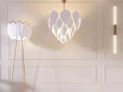 Modern Lighting Combination with Petal Chandelier Floor Lamp and Strip Wall Sconce on White Wall 3d model
