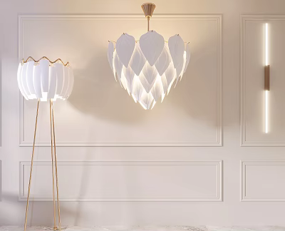Modern Lighting Combination with Petal Chandelier Floor Lamp and Strip Wall Sconce on White Wall 3d model