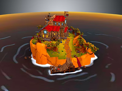 3D Island Scene Featuring Building With Red Roof Flag Trees Wooden Path And Water 3d model