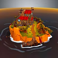 3D Island Scene Featuring Building With Red Roof Flag Trees Wooden Path And Water