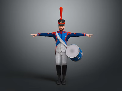 Military Drummer Character in Blue Coat White Pants Red Feathered Hat with Drum Arms Outstretched 3d model