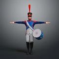 Military Drummer Character in Blue Coat White Pants Red Feathered Hat with Drum Arms Outstretched