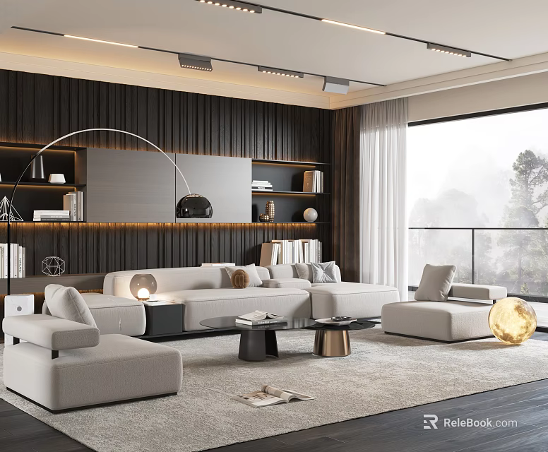 Modern Sofa And Coffee Table Set With Curved Floor Lamp Bookshelves And Large Window 3d model 