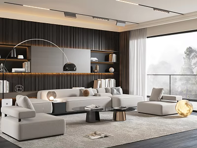 Modern Sofa And Coffee Table Set With Curved Floor Lamp Bookshelves And Large Window 3d model