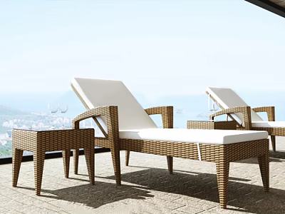 Outdoor Wicker Lounge Chair With White Cushion And Sea View On Terrace 3d model