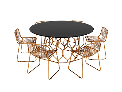 Modern Dining Table And Chair Set With Black Round Top And Golden Woven Chairs 3d model