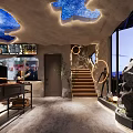 Unique Restaurant Interior With Blue Cloud Ceiling Textured Walls Fireplace Piano Sofa And Staircase