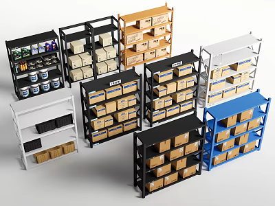 Multi Colored Storage Shelves With Stacked Cardboard Boxes In Black White Blue And Orange 3d model