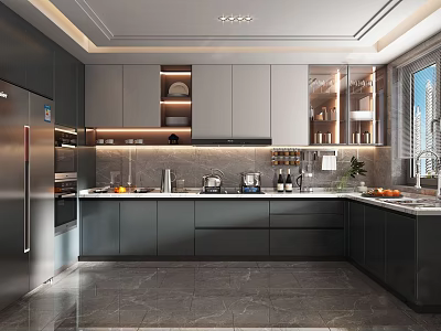 Modern Kitchen Interior With Dark Gray Cabinets And Stainless Steel Refrigerator 3d model