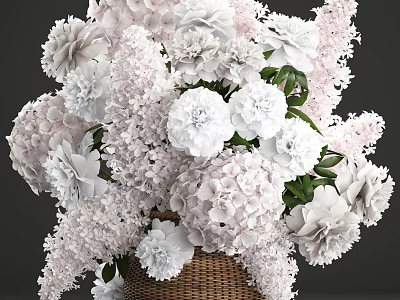 Elegant White And Pink Floral Arrangement In Wicker Basket With Hydrangea Peony And Lilac 3d model